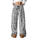 Women Leopard Print Fuzzy Pajama Pants Casual Cozy Drawstring Wide Leg Pants