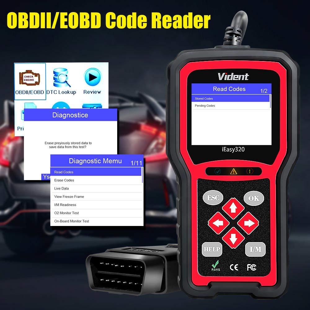 VIDENT iEasy320 Universal Obdii/Eobd+Can Code Reader Obd2 Diagnostic Scan Tool for Car Engine Fault Code Reader/O2 Sensor Systems Diagnostic/On-Board Monitor/Component Test Multi-Language