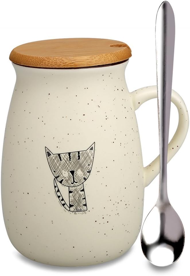 Kaqkiasiog Coffee Mug Cute Ceramic Creative Cat Mug Tea Milk Cup with Wooden Lid and Spoon Perfect Christmas Birthday Gifts for Children, Friends, Girlfriend, Animal Lovers 380ml(CAT-D)