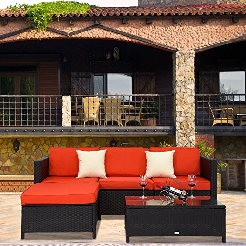 Peach Tree 5 PCs Outdoor Patio PE Rattan Wicker Sofa Sectional Furniture Set With 2 Pillows and ...