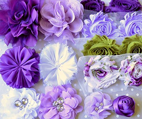 Lavender Fields Purple, White, Green Shabby Chiffon Fabric Flowers Mix for DIY Baby Headbands and Embellishments