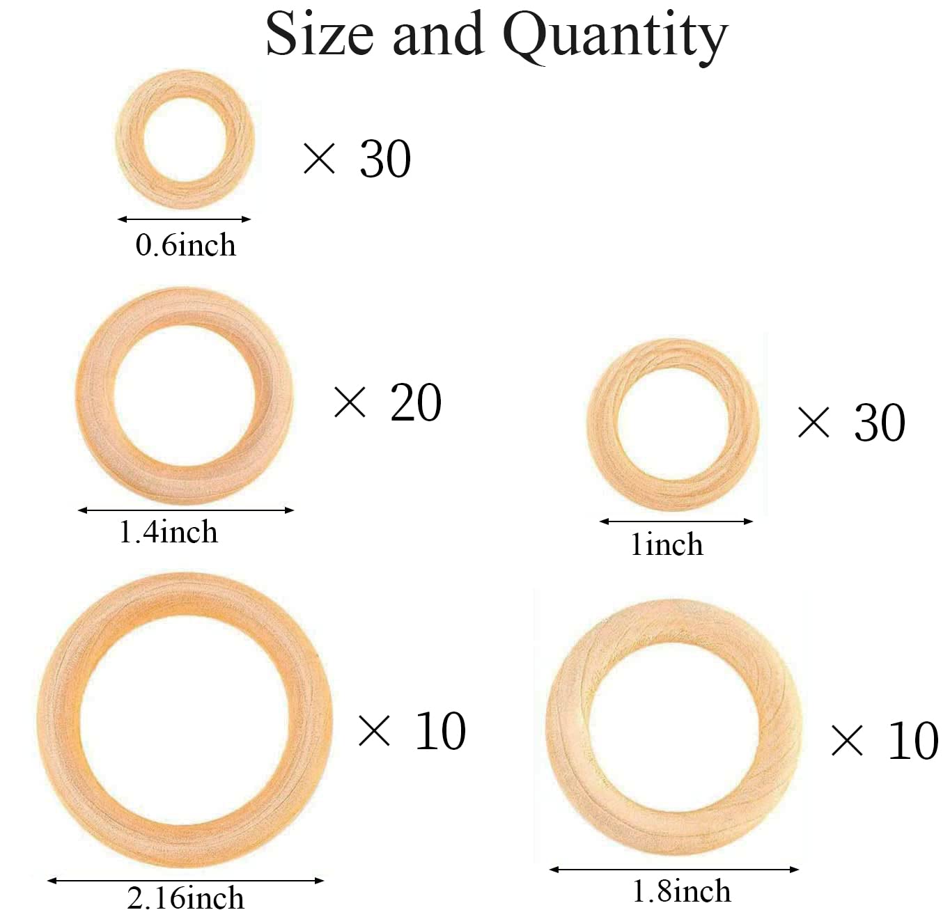 100 Pcs 5 Sizes Natural Wood Rings for Crafts, Unfinished Smooth Wooden Ring for Macrame, Wood Circles for Craft, DIY Ring Pendant and Connectors Jewelry Making