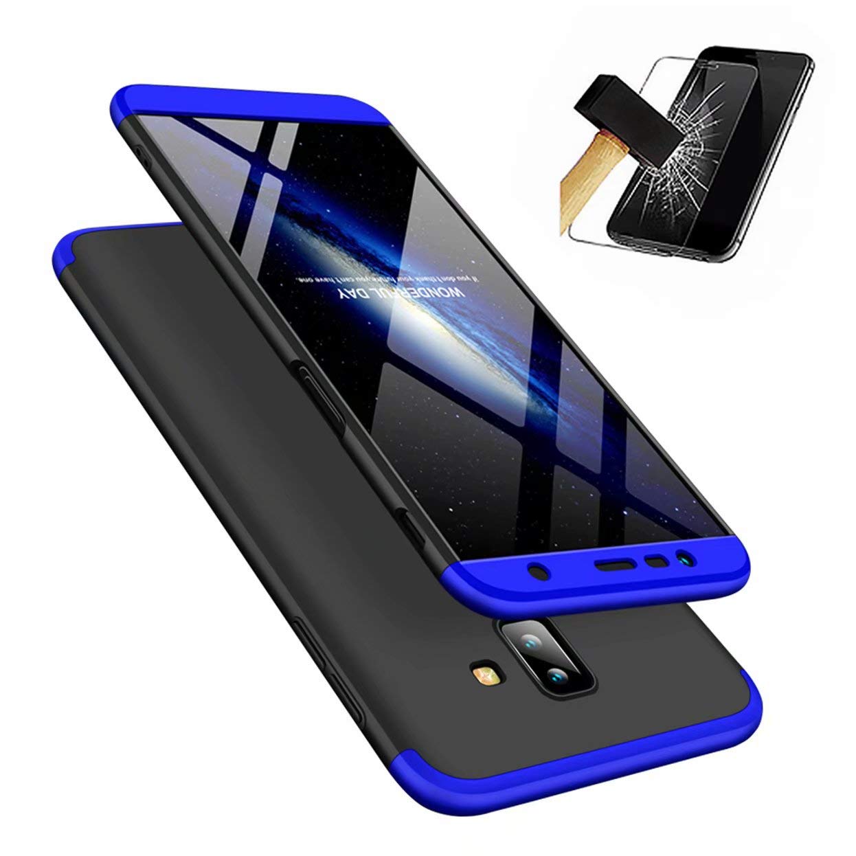 Samsung Galaxy J6 Plus 2018 Case Lanpangzi TPU Silicone 3 in 1 Combination Ultra Slim Cover with [Tempered Glass Screen Protector] Scratch-resistant Protective Case - Blue and Black