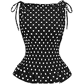 GORGLITTER Women's Polka Dots Boat Neck Tank Top Ruffle Tie Shoulder Smocked Going Out Y2k Vest Tops