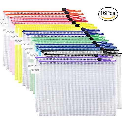 EOOUT 16pcs Plastic Mesh Zip Document Pouches Zip File Folders with A4 Size Paper, Office Supplies, Travel Storage Bags,8 Colors