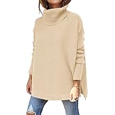 LILLUSORY Women's Turtleneck Oversized Sweaters Long Batwing Sleeve Spilt Hem Tunic Pullover Knit Tops