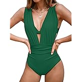 CUPSHE Women's One Piece Swimsuit Halter Plunging Neck Bathing Suit Wide Straps Underwire Ruched Back Hook
