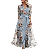 VSDFAW Women's Blue Chiffon Boho Floral Print V-Neck Short Sleeve Long Dress, Loose Fit Belted Waist A Line Long Dresses