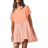 SAUKOLE Womens Summer Crew Neck Short Sleeve Dress Patchwork Pleated A Line Beach Boho Mini Dress