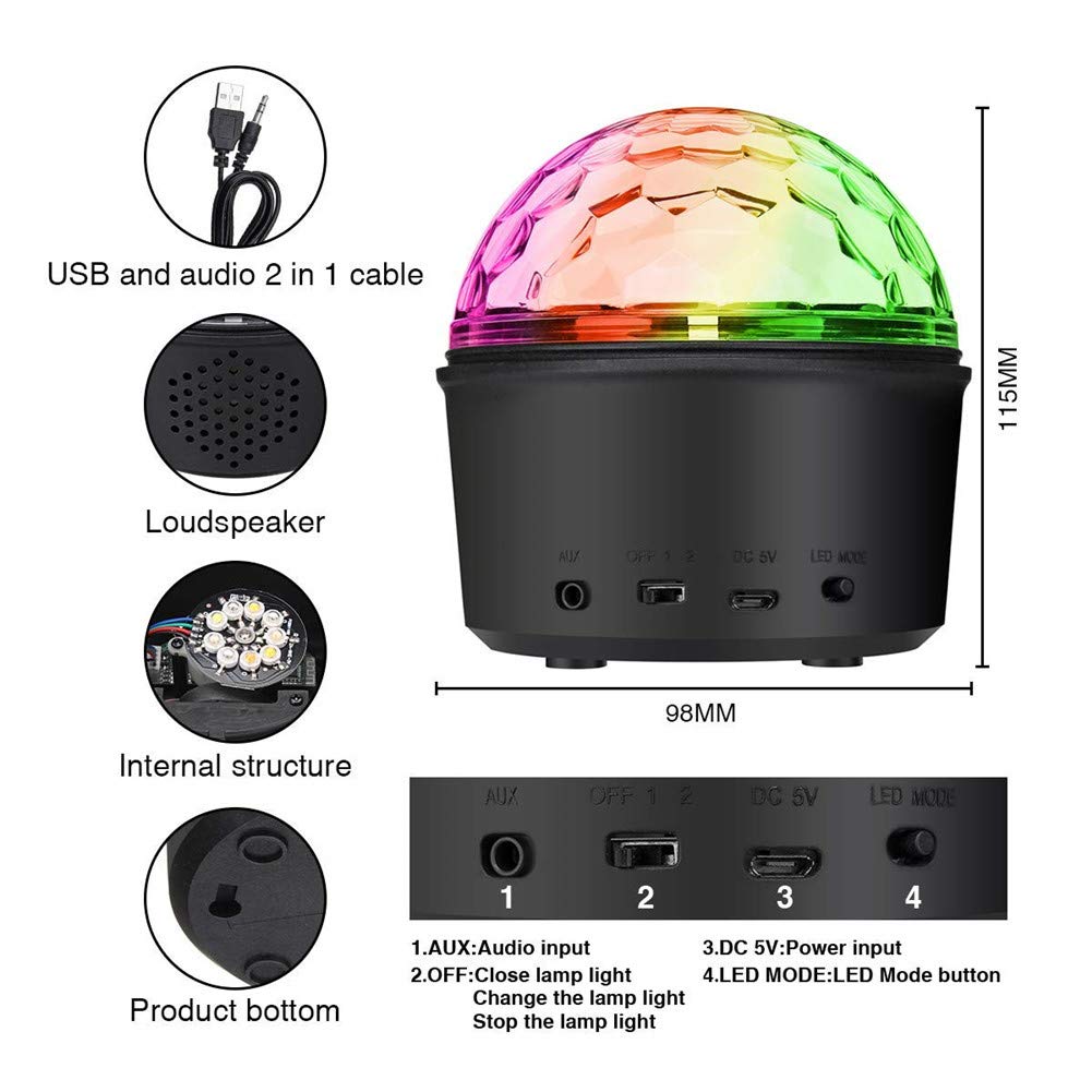 TemwJa Portable Disco Ball Light, Sound Activated Disco Lamp for Travelling Party Lights, 9 Colors Strobe Light Wireless Phone Connection for DJ Birthday Kids Music Light Bedroom LED Ball Light