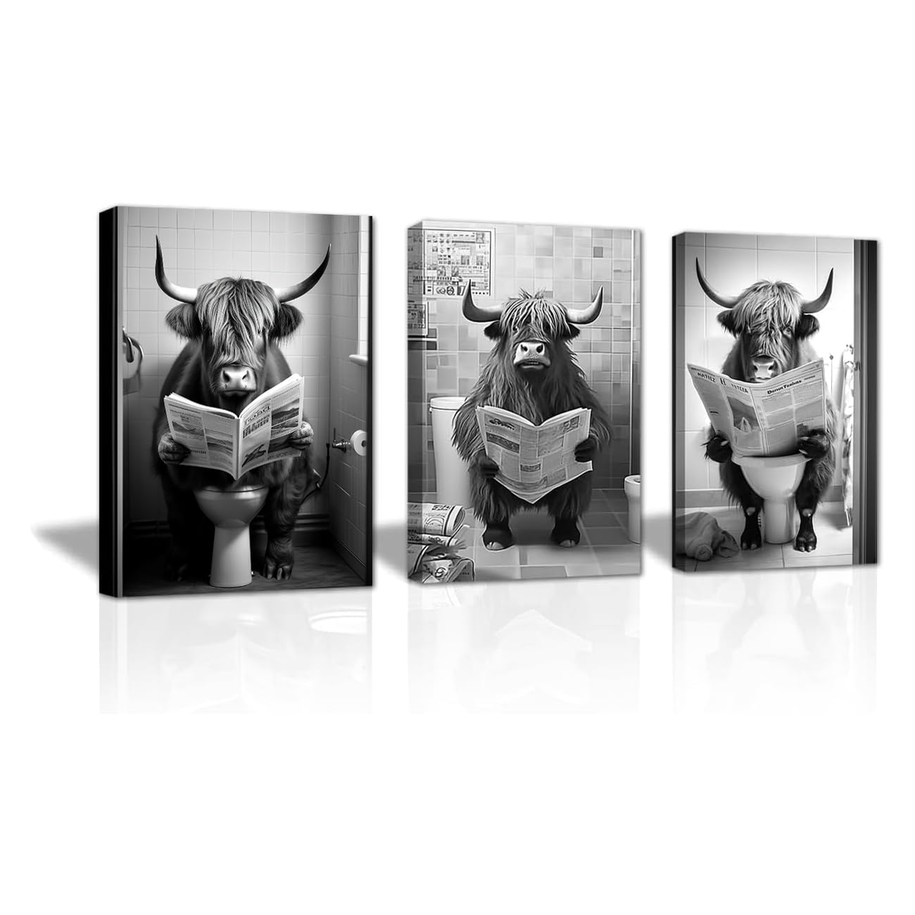 LZIMU Funny Bathroom Wall Decor 3 Panel Highland Cow Sitting on Toilet Reading Newspaper Canvas Prints Black and White Animals Poster