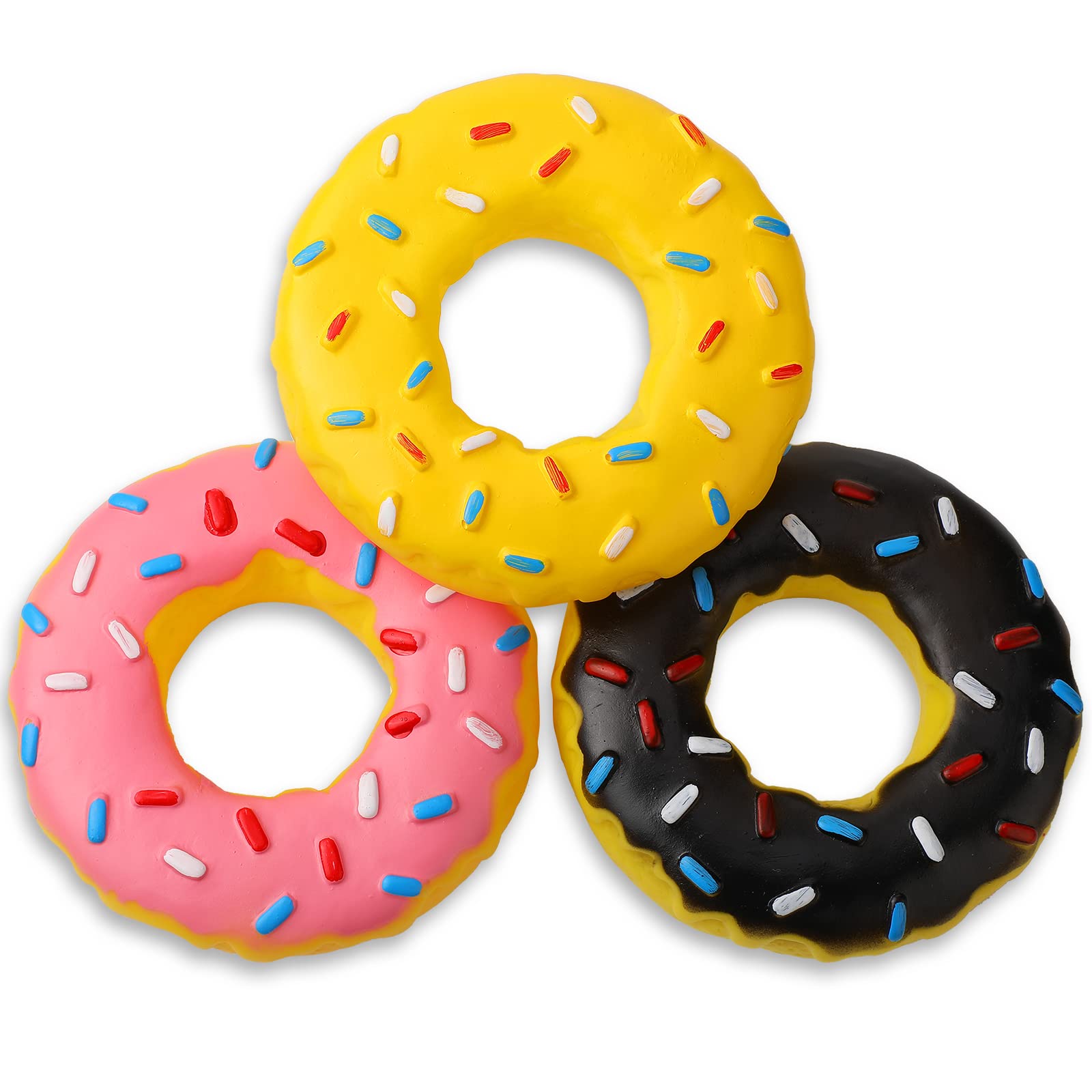 Photo 1 of Leitee 3 Pieces 5.3 Inch Assorted Donut Dog Chew Toy with Squeakers Rubber Dog Toy Pink Yellow Black for Interactive Play Small to Medium Dogs Puppy Aggressive Chewers