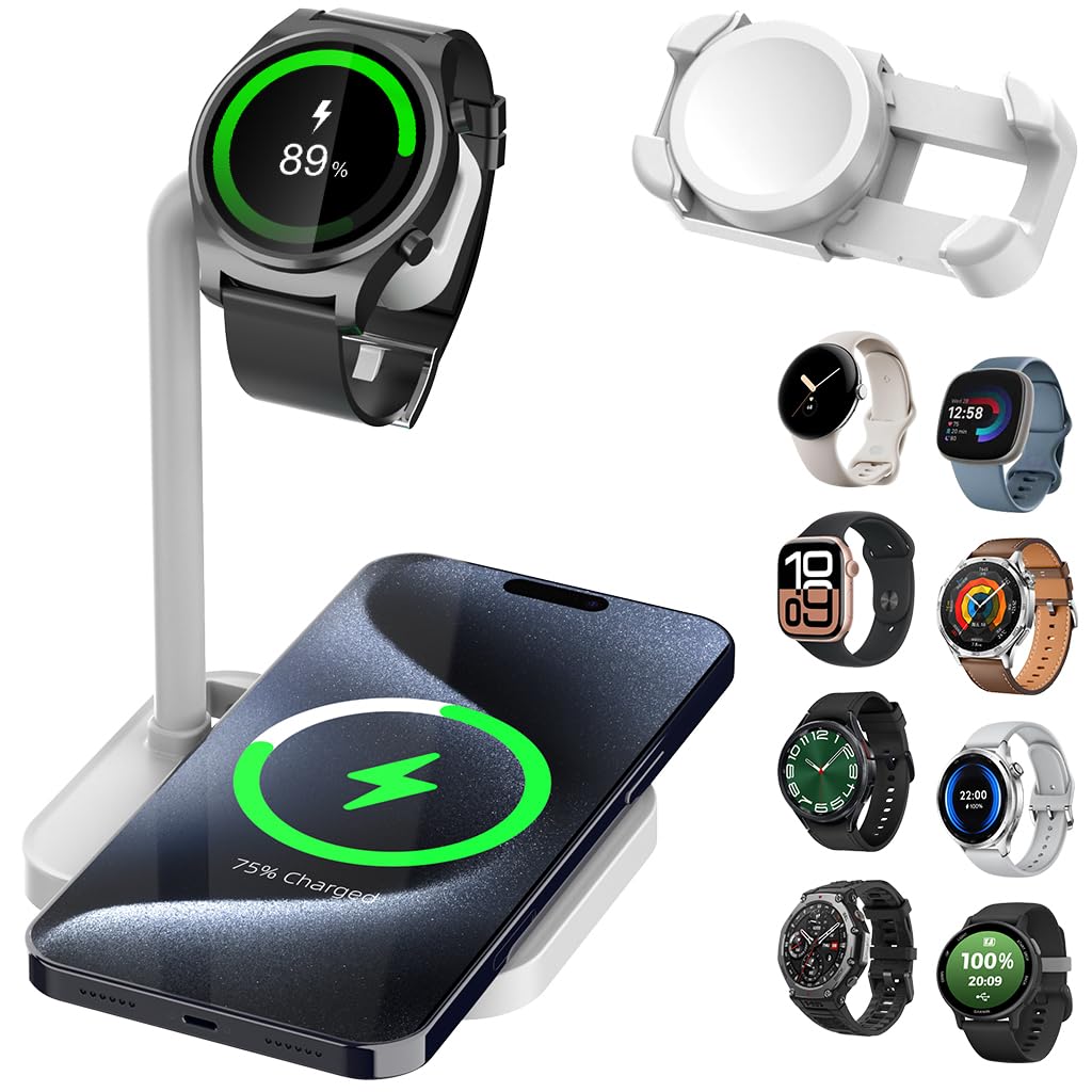 Universal 2 in 1 Wireless Charger Dock with Adjustable Smartwatch Stand, Compatible with Samsung Galaxy, Google Pixel, Huawei, Garmin, AMAZTIM, Fossil, Fitbit, Amazfit, xiaomi, Suunto (02SW-W)