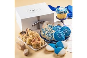 Dulcet Gift Baskets Hanukkah Gourmet Gift Basket with Charming Dreidel Cookies, Blue and White Sprinkled Cookies, Vanilla Cupcakes Great Hanukkah Gift for Family Celebrations, Friends, Kids & Parents