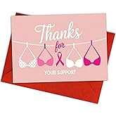 Podagree Breast Cancer Support Card – 'Thanks for Your Support' with Pink Bras and Ribbon Design – Inspirational Thank You Card for Breast Cancer Fighters and Survivors – Funny & Heartfelt Message – 8x5.3 Inch
