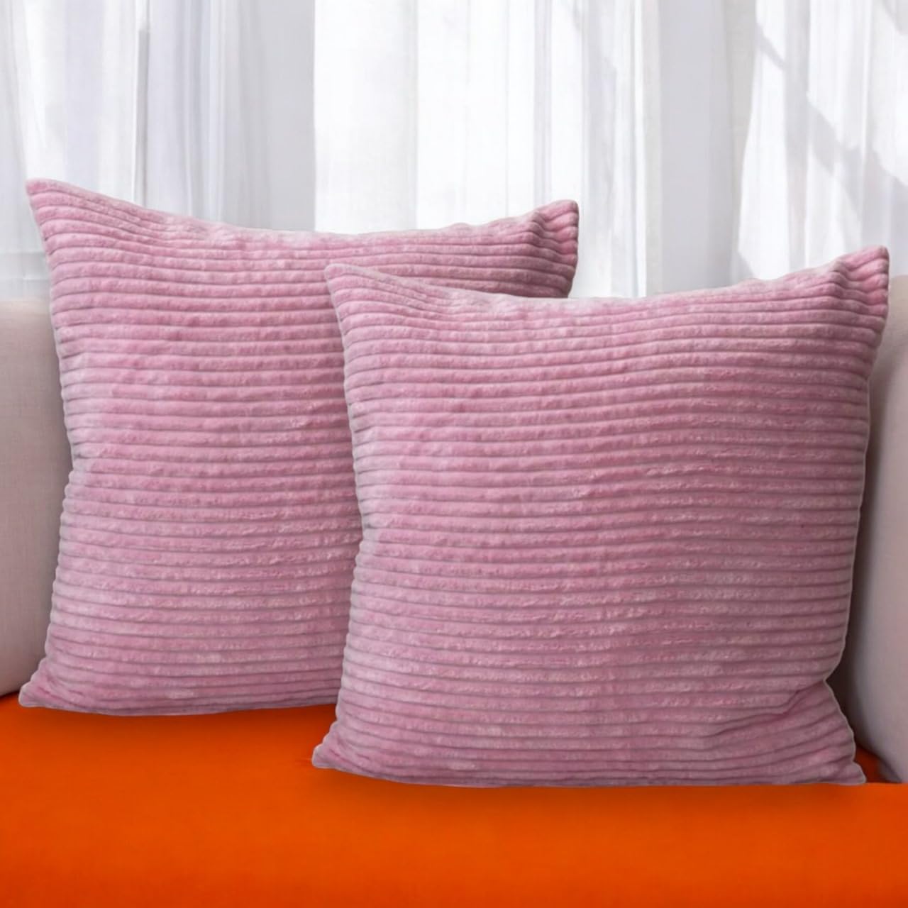 Seechoo Corduroy Cushion Covers, Set of 2, 45 x 45 cm, Striped, with Invisible Zipper, 18 x 18 Inch (Baby Pink)