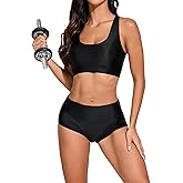 Women's Two Piece Shiny Glossy Racerback Vest Sport Bra High Waist Cheeky Bikini Bottoms Outfits Set