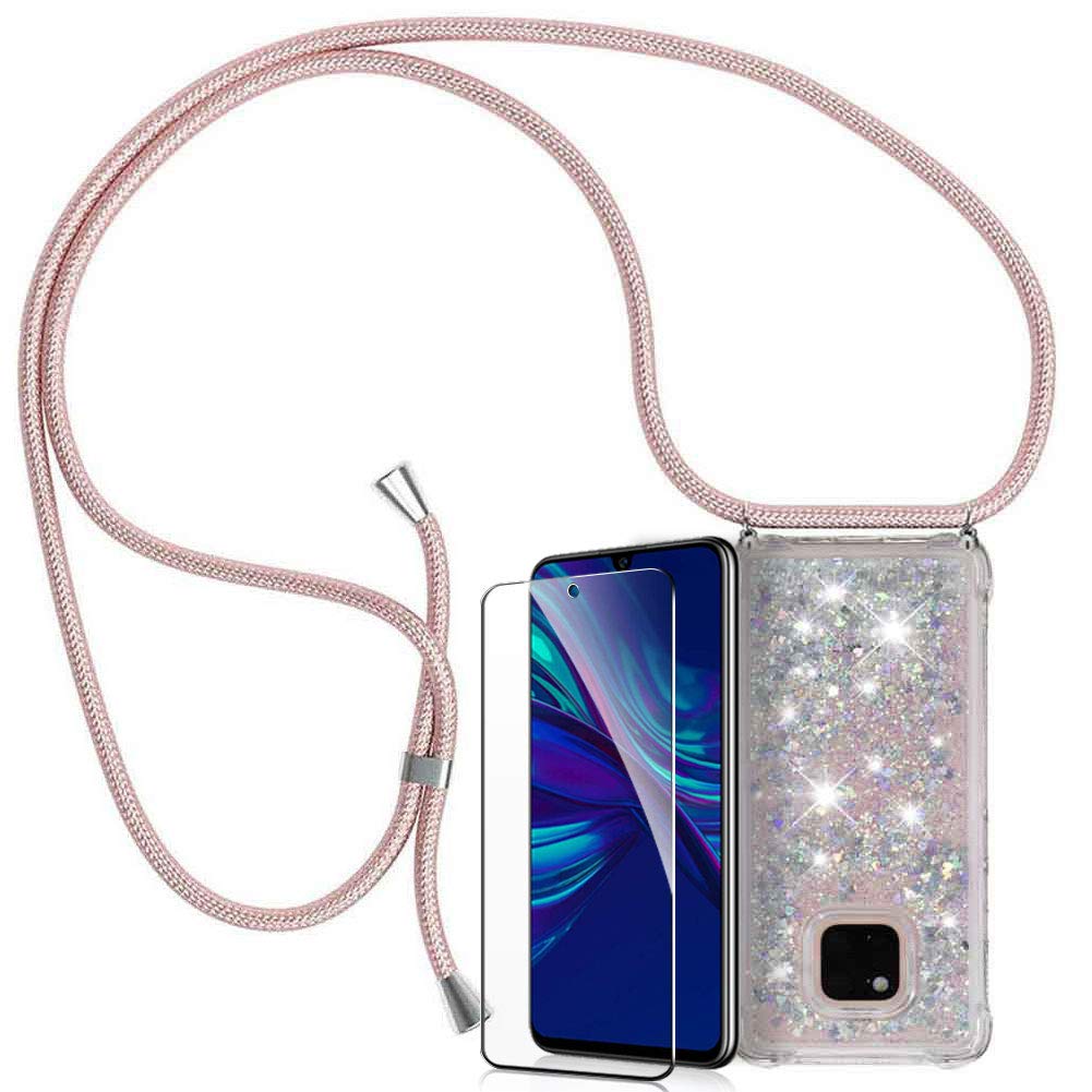 Mkej Glitter Liquid Quicksand Mobile Phone Chain Compatible with Huawei Mate 20 Pro Silicone shell [Neck Strap] Glitter Cover + Screen Protector Stylish Practical Crossbody Case - Rose gold