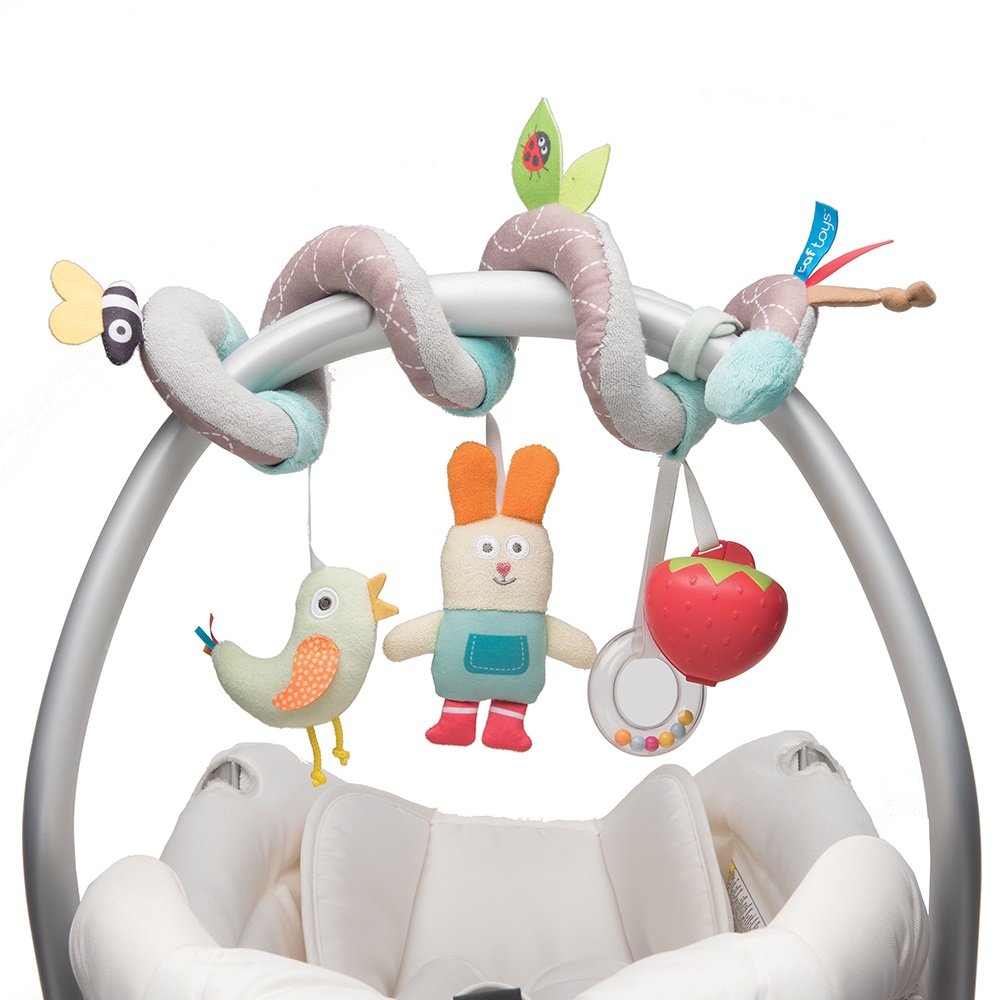 Taf Toys Garden Spiral Baby Toy for Pram, Buggy, Pushchair or Carseat. 3 Hanging Early Development Rattling Toys + Dummy case. Suitable from Birth