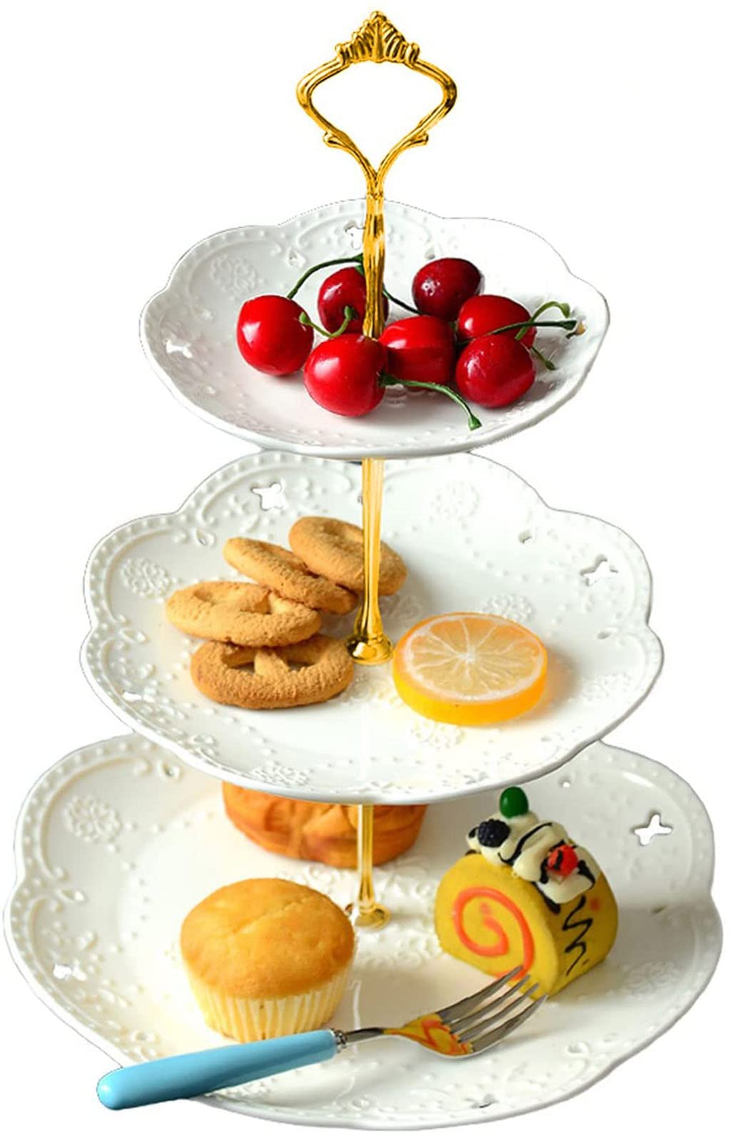 YBK Tech 3-Tier Porcelain Serving Stand, Cake Stand with Embossed Lace Pattern - (White, Gold rod)
