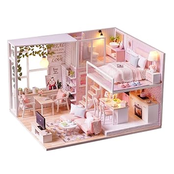 Decdeal DIY Miniature Loft Dollhouse Kit Realistic Mini 3D Pink Wooden House Room Toy with Furniture LED Lights Christmas Childrens Day Birthday Gift
