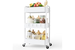 LEHOM 3 Tier Rolling Utility Cart, Metal Trolley Cart with Wheels, Hooks, Easy Assembly Organizer Storage Cart for Bathroom, Kitchen, Office, Bedroom(White)