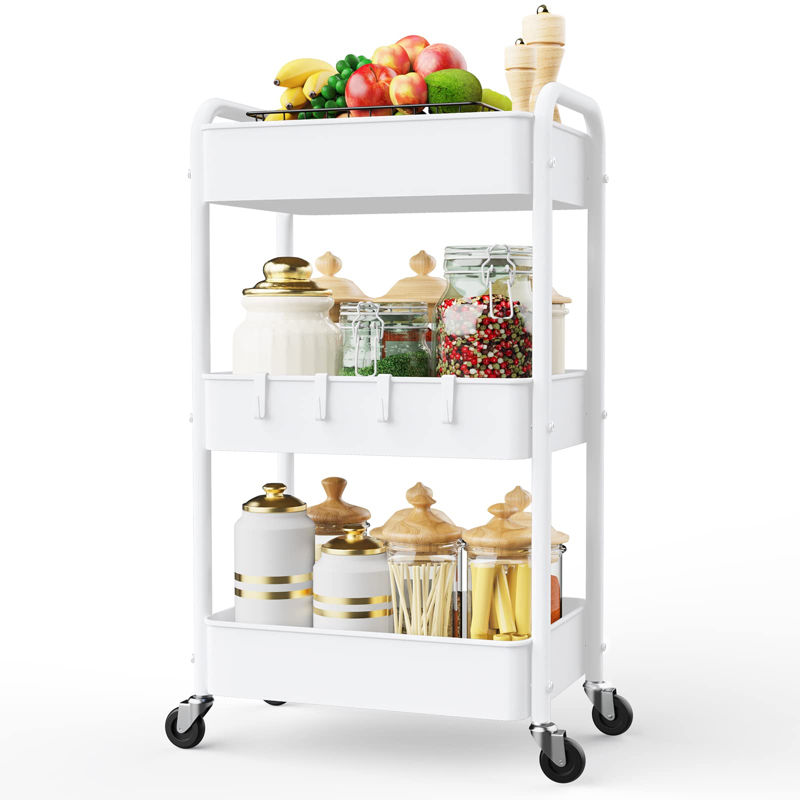 Photo 1 of LEHOM 3 Tier Rolling Utility Cart, Metal Trolley Cart with Wheels, Hooks, Easy Assembly Organizer Storage Cart for Bathroom, Kitchen, Office, Bedroom(White)