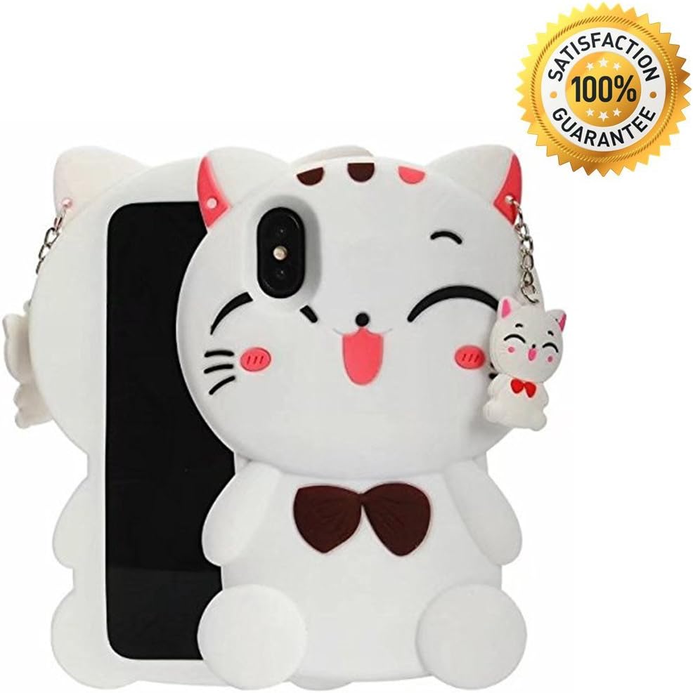 ZCSIBORUI iPhone X Case, iPhone Xs Case, 3D Cartoon Silicone Lucky Fortune Cat Kids Girls Animals Soft Rubber Shockproof Protector Shell Skin for Apple iPhone X/10 5.8'' - White Bow Tie Cat