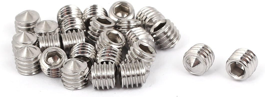 sourcingmap M6 x 6mm Hex Socket Cone Point Set Grub Screw Silver Tone 25 Pcs, M6 x 6mm x 1mm