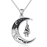SHAOAN Gothic Bat Pendant Necklace for Women Black Crescent Necklace 925 Sterling Silver Moon Pendant Halloween Easter Jewelry Gifts for Women