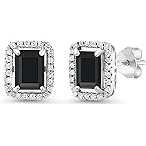 Gem Stone King Halo Earring for Women | 925 Sterling Silver | Gemstone Birthstone Earrings | Emerald Cut 8X6MM | Fine Jewelry Gifts for Her Mom Women Wife