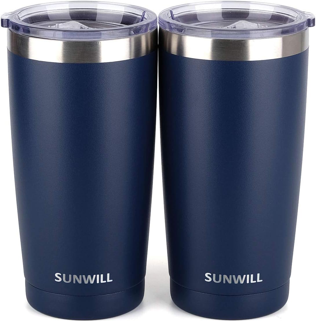 SUNWILL 20oz Tumbler with Lid (Powder Coated Navy Blue 2 pack), Stainless Steel Vacuum Insulated Double Wall Travel Tumbler, Durable Insulated Coffee Mug, Thermal Cup with Splash Proof Sliding Lid