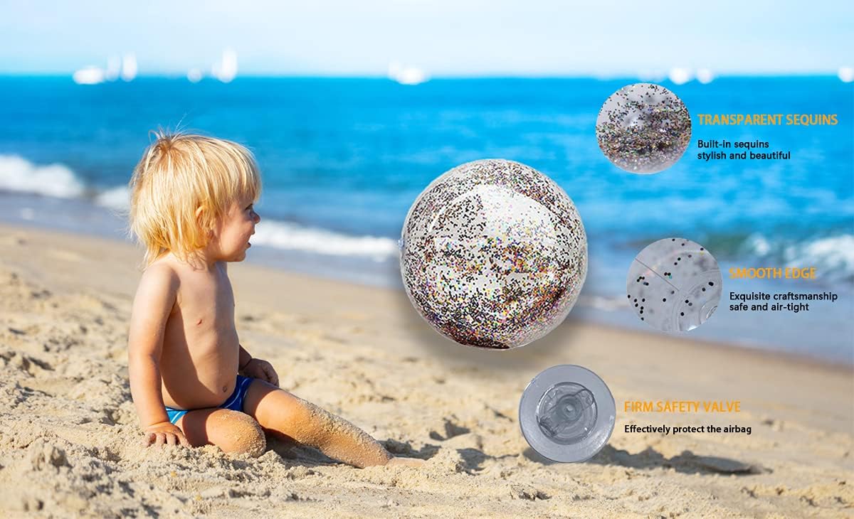Sequin Beach Ball Jumbo Pool Toys Balls Giant Glitter Inflatable Clear Beach Ball Swimming Pool Water Beach Toys Outdoor Summer Party Favors for Kids Adults: Sports & Outdoors
