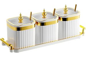 EABOSON 3 Pack Gold Condiment Spice Jars with Lids, Spoons, Tray - Plastic Seasoning Box Set for Salt, Pepper, Sugar - Kitchen Storage