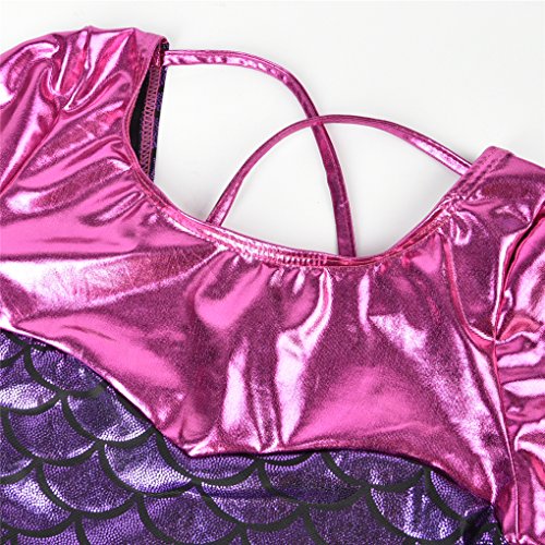 Girls Long Sleeve Fish Scale Back Cross Strap Metallic Athletic Dance Gymnastics Leotard Bodysuit Outfit Pink & Purple Size 10