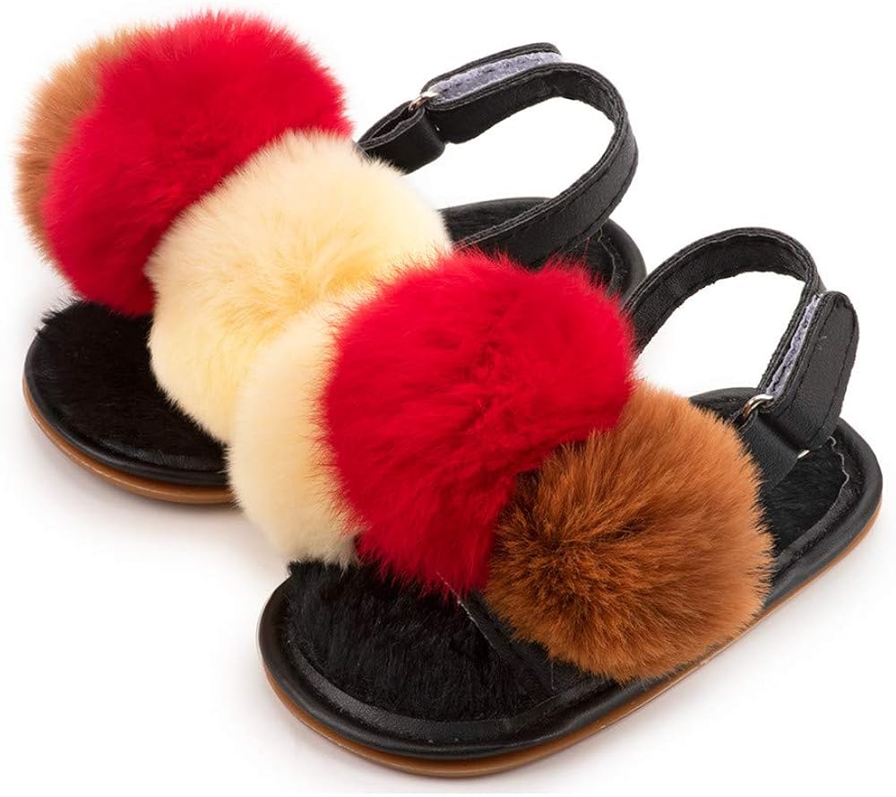  | Meckior Infant Baby Girls Sandals Faux Fur Slides with Elastic Back Strap Flats Slippers Princess Dress First Walker Moccasins Shoes | Sandals