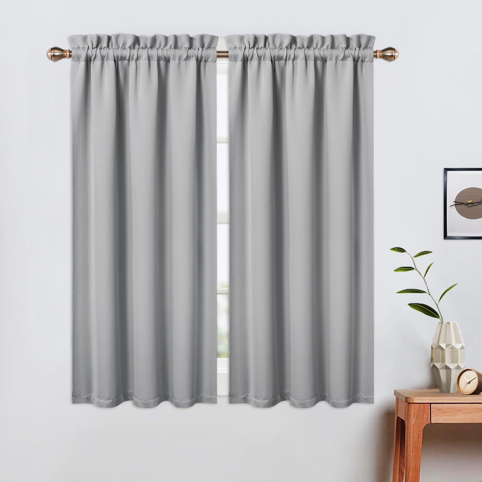 LinTimes Blackout Short Curtains for Bathroom - 2 Panel Rod Pocket Cafe Tier Curtains - Light Blocking, Room Darkening - 26x45 Inch Length - Light Grey Wine