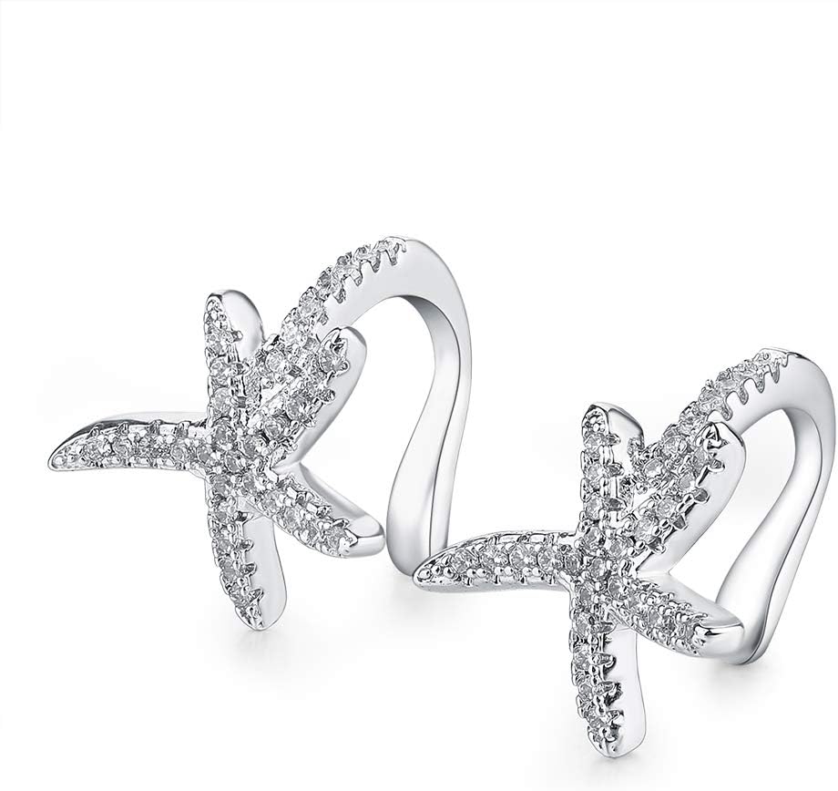 Starfish Shaped Cubic Zirconia Cuff Earrings for Women, Silver Plated Round-Cut CZ Clip On Earrings Fashion Jewelry Gift for Women Girls