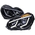 Spec-D Tuning Glossy Black Smoke LED Projector Headlights Compatible with 2001-2007 Mercedes-Benz W203 C-Class Sedan, Left + Right Pair Headlamps Assembly