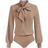 Kate Kasin Women Bow Tie Neck Office Blouse Button Down Long Sleeve Bodysuits Blouse Top