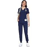 IONARD Scrubs for Women Set - V-Neck Scrub Top & Jogger Pant with 10 Pockets, 4 Way Stretch Nurse Uniform