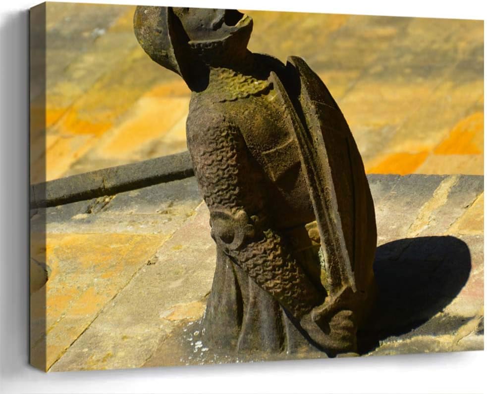 Wall Art Canvas Print Home Decor (20x14 inches)- Gargoyle Knight Soldier Medieval Gothic Buil