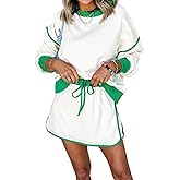 miduo Womens Color Block Casual Long Sleeve Sweatshirt and Drawstring Mini Skirt Matching Sets 2 Piece Skirt Set