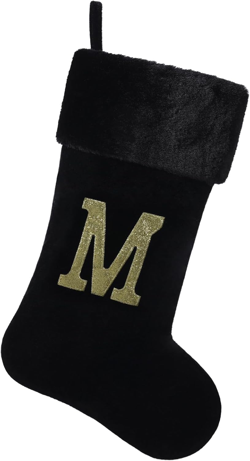 Stockings & Holders - Yehnois 20 Inches Initial Monogram Christmas Stocking Personalized,Deluxe Black Velvet Body with Super Soft Plush Cuff Embroidered Letter,Holiday Season Decor（M）
