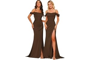PUXIU Long Satin Bridesmaid Dresses for Women Spaghetti Strap Formal Gowns Mermaid Prom Dress with Silt PU070