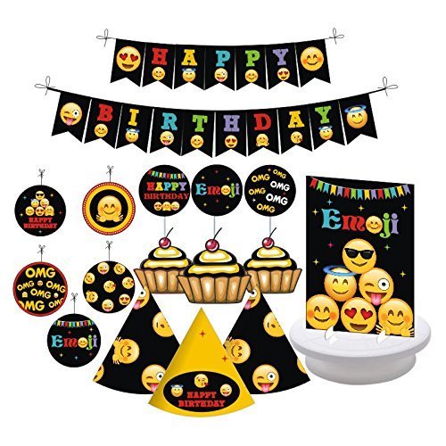 Emoji Party Supplies. Emoji Birthday Decorations. Emoji Themed Party Decorations. Happy Face Emoji. Includes Emoji Party Hats, Emoji Centerpieces, Emoji Bunting Banner, Emoji Cupcake Toppers and More