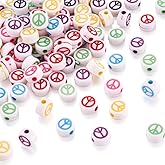 200Pcs Peace Sign Acrylic Beads Opaque White Flat Round Beads Random Colorful Symbol Acrylic Spacer Beads for DIY Necklace Bracelet Earring Jewelry Crafts Making Hole 1.6mm