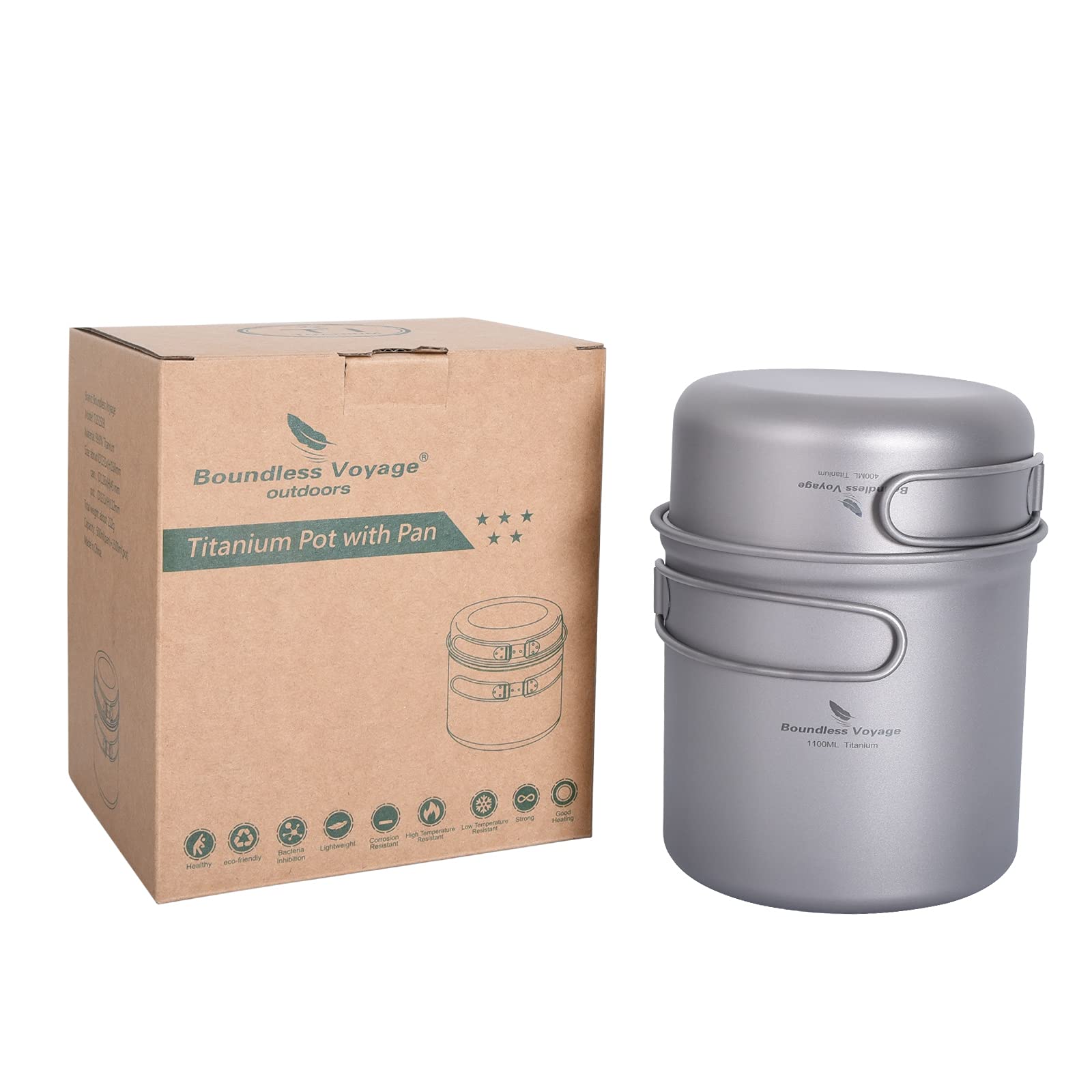 Boundless Voyage Titanium Pot Pan Cook Set with Folding Handle Outdoor Camping Picnic Hiking Mug Plate Tableware Mess Kit Ti2050C