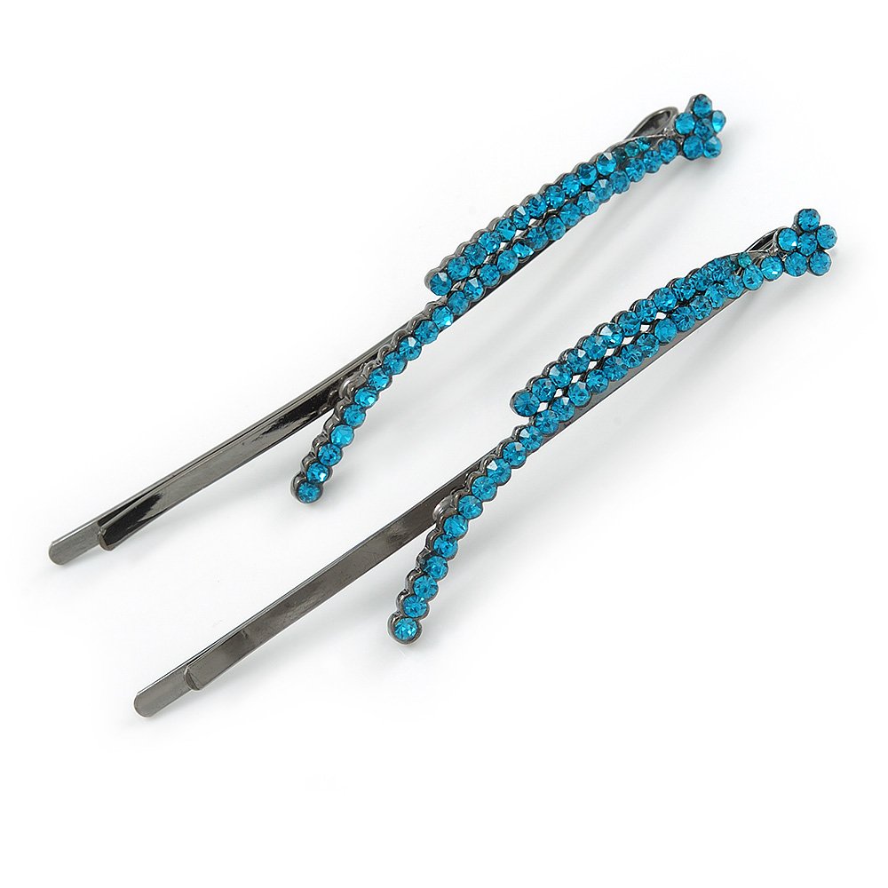 Pair Of Long Teal Crystal 'Daisy' Hair Slides In Black Tone Metal - 90mm L