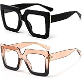 Breaksun Oversized Blue Light Glasses for Women Fashion Thick Square Computer Eyewear Non-Prescription Black Glasses (Black+ Champagne)